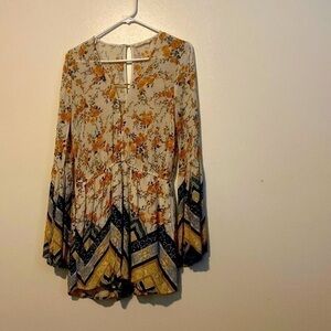 Chloe & Katie Cream Floral Long-Sleeve Romper with Yellow and Black Border